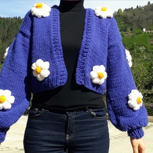 Blue Cardigan for Woman, Hand Knit Jacket Women, Chunky Cardigan, Oversized Sweater, Cropped Cardigan, Boho Cardigan Handmade Knitting