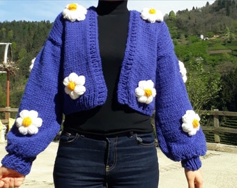 Cardigã azul feminino, jaqueta feminina tricotada à mão, cardigã grosso, suéter oversized, cardigã curto, cardigã boho tricotado à mão