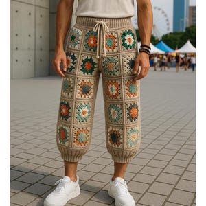 Men Crochet Festival Pants, Midi Crochet Men&#39;s Pants, Crochet Pants Men, Granny Square Boho Pants for Men, Knit Men Festival Trousers