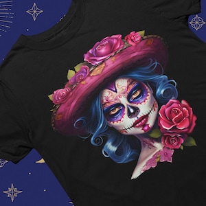 Day of the Dead Sugar Skull T-Shirt, Día de los Muertos, La Catrina, Beautiful Flowers, Mexican Tradition, Ornate Patterns, Vibrant Design