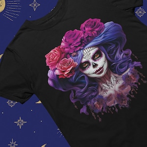 Day of the Dead Sugar Skull T-Shirt, Día de los Muertos, La Catrina, Beautiful Flowers, Mexican Tradition, Ornate Patterns, Halloween
