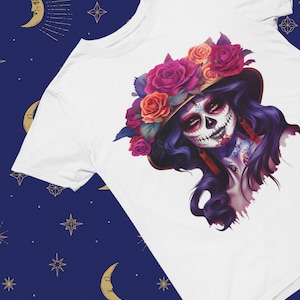 Day of the Dead Sugar Skull T-Shirt, Día de los Muertos, La Catrina, Beautiful Flowers, Mexican Tradition, Ornate Patterns, Halloween