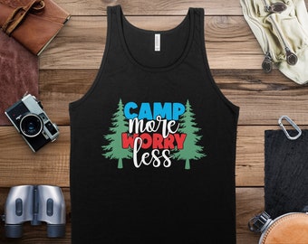 Camp Worry Graphic Tank Top, Nature Inspired Pine Trees Tank, Summer Camping Outfit, Unisex Apparel, Campsite, Adventure, Outdoor Fun