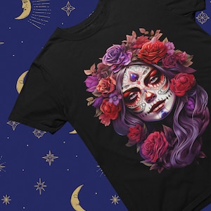 Day of the Dead Sugar Skull T-Shirt, Día de los Muertos, La Catrina, Beautiful Flowers, Mexican Tradition, Ornate Patterns, Halloween
