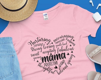 Mama Heartfelt Word Cloud T-Shirt, Muttertagsgeschenk, inspirierendes Mom-Zitat-T-Shirt, Pflege liebevoll stark, Damen Casual Top
