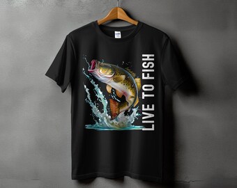 Buntes Aquarell-Bassfischspringen, Natur-Angelkunst-T-Shirt, einzigartige Geschenkidee für Fischer, Angelausrüstung, lustiges Angel-T-Shirt, Angel-T-Shirt