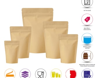 Rightpak-Kraft Brown Paper Zip Lock Bags Food Stand Up Pouches Food Grade Heat Seal Bag for Dry fruits, Sweets, Nuts, Candy, Chocolates, Tea