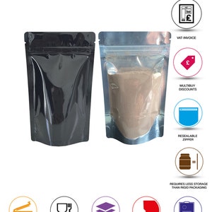 May include: Two stand-up pouches, one black and one clear, with a zipper closure. The clear pouch is filled with a brown powder. The pouches are heat sealable, food grade, multi-layered, have a tear notch, and are EU compliant.