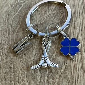 HOCKEY GOOD LUCK personalised keyring/ Hockey player/ Hockey sticks/ Four leaf clover charm