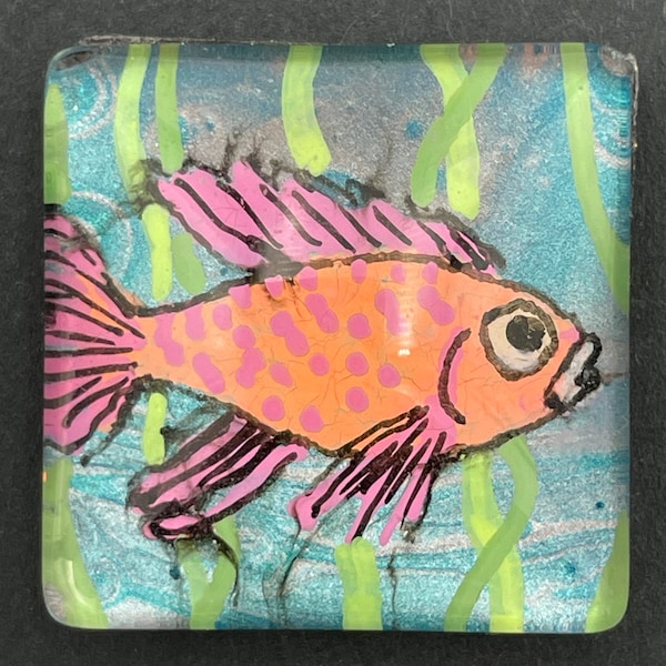 Magnet for refrigerator, desk, file cabinet, etc. - Hand-painted art, glass covered, 1x1 inch square, tiny art, fish