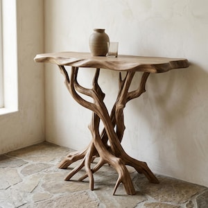 May include: A light brown wooden console table with a natural live edge top and a base constructed from intertwined tree branches. A tan ceramic vase and a clear glass tumbler are placed on the surface of the table, which stands on a stone floor.
