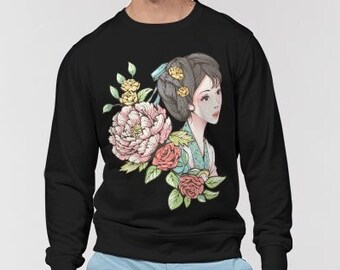 Beautiful Japanese Woman and Flowers Sweatshirt • Asian Geisha Girl Sweatshirt • Cute Anime Girl Sweatshirt • Japanese Floral Sweater