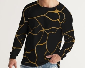Black Long Sleeve Shirt with Elegant Gold Kintsugi Lines - Stylish Unisex Top for a Unique Fashion Statement
