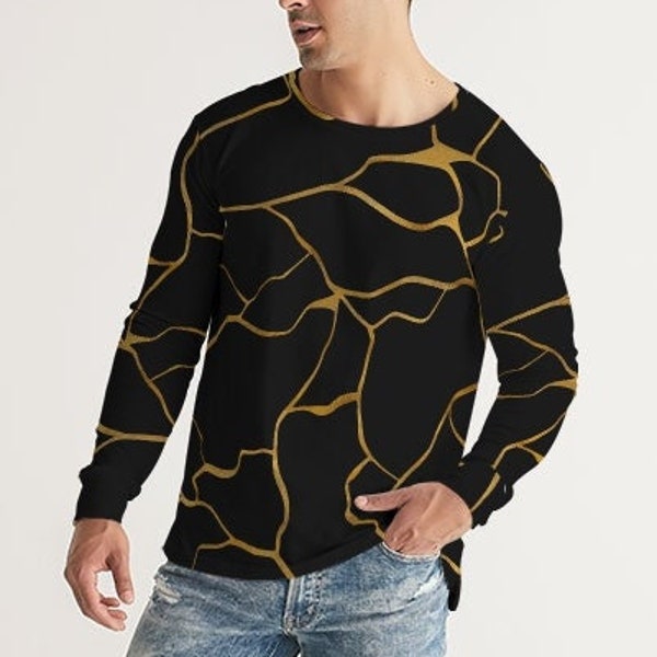 Black Long Sleeve Shirt with Elegant Gold Kintsugi Lines - Stylish Unisex Top for a Unique Fashion Statement