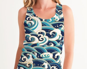 Japanese Wave Women's Tank Top • Ocean Wave Pattern Tank • Asian Wave Pattern Tank • Wave Design Tank • Wave Print Tank • Racerback Tank Top