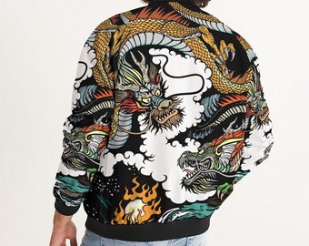 Japanese Dragon Sukajan Jacket, Serpent Dragon Print Jacket, Epic Dragon Battle Bomber, Unique Streetwear, Ideal Dragon Lover Gift