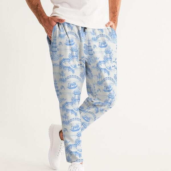 Pantalon de jogging en toile pagode chinoise • Pantalon en toile bleu • Pantalon à motif chinois • Pantalon en tissu pagode • Pantalon de survêtement en toile de Jouy • Pantalon à motif toile