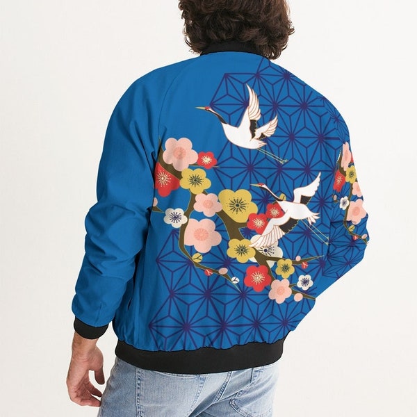 Japanese Crane and Plum Blossom Bomber Jacket, Japanese Crane Jacket, Floral Bomber,  Japanese Sukajan