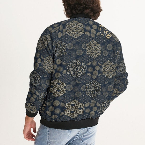 Japanese Pattern Quilted Bomber Jacket, Blue Quilted Coat, Traditional Asian Fashion