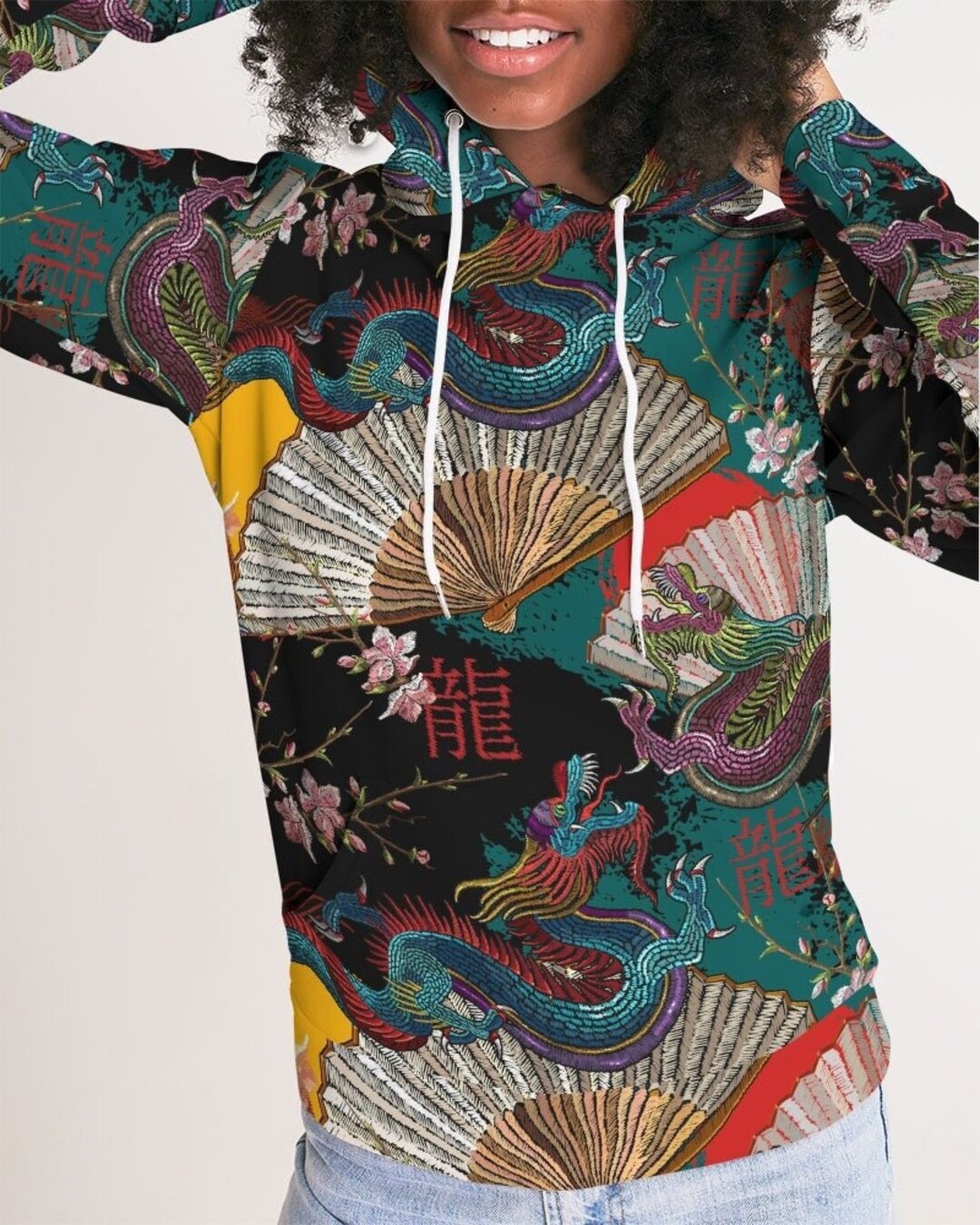 Japanese Dragon Hoodie With Embroidery Effect, Dragon Print Hoodie ...