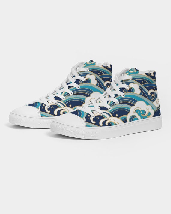 Zapatos de lona altos con ondas japonesas Zapatillas deportivas con estampado de olas del oceano Zapatos con estampado de ondas asiaticas Zapatos con diseno de ondas Zapatos con diseno de ondas