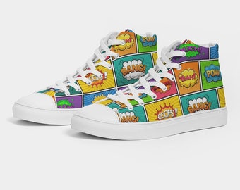 Pop Art Comic Book Panel Expression High-Top Shoes, Comic Book Print Shoes, Comic Strip, Comic Book Panel, Cartoon Action Bubble