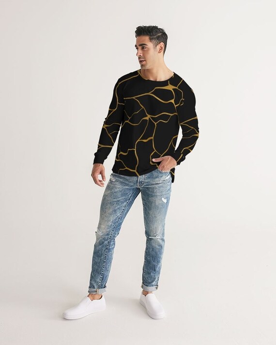 Camicia nera a maniche lunghe con eleganti linee Kintsugi dorate