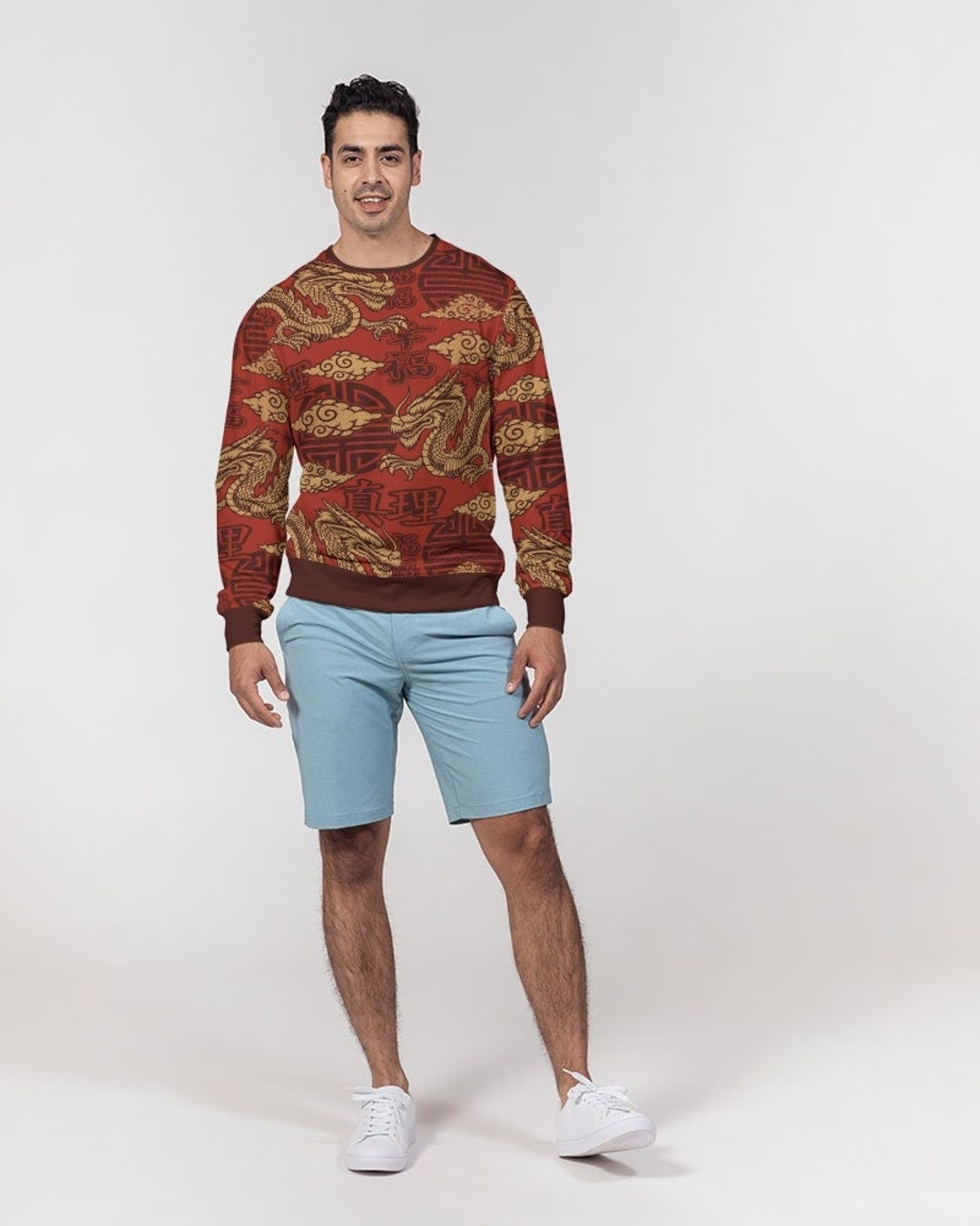 Rose Floral Golden Dragon Print Men's Sweatshirt
