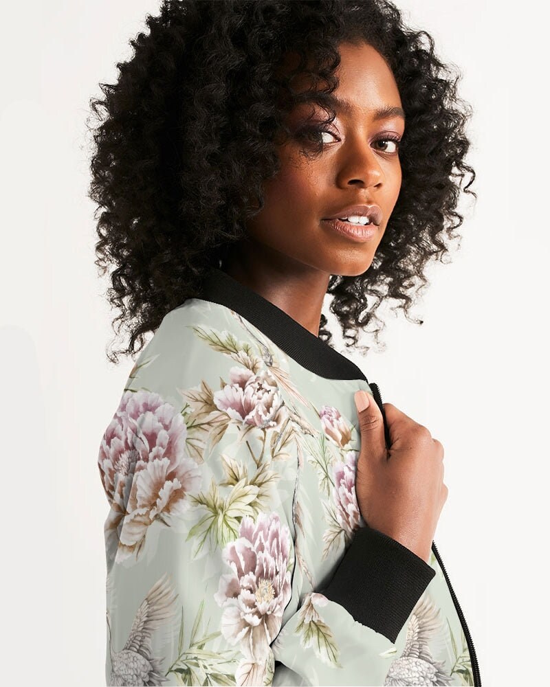 Luxe Floral Crane Bomber Jacket Elegant Japanese Crane Jacket