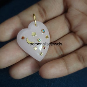14k Gold Gemstone Heart Pendant, Chrysocolla Heart Pendant, Multi Gemstone Heart, All Gemstone Carved Heart Charm Jewerly, Designer Heart