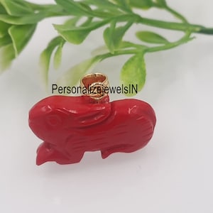 Solid 14k Gold Gemstone Carving Rats Pendant, Coral Rat Charm, Gold Rat Charm, Handmade Solid Coral Gold Rat Charm Jewelry