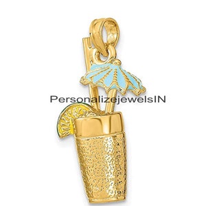 Lime Charm Pendant, 925 Sterling Silver Enamel Lime Charm Pendant, 3-D Cocktail Drink Enamel Umbrella and Lime Charm Pendant