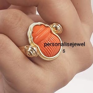 14k Gold Hand Carved CZ Scarab Ring, Gemstone Scarab Ring, Gold Plated Gemstone Scarab beetle Ring, Orange Coral Scarab Amulet Ring