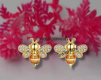 Boucles d'oreilles Bumble Bee Stud Post CZ, Boucles d'oreilles Sterling Silver Enamel CZ Stud, Boucles d'oreilles Bumble Bee Stud Post