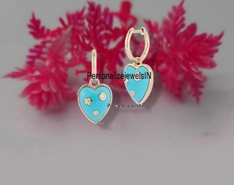 Double Heart Hoop Earrings, Heart Colorful Zircon Earrings, Enamel Heart Charm Dangle Earring, Gold Plated Lapis Anna Heart Charm Earrings