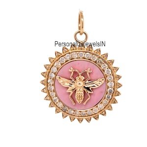 Gemstone Bee Disk Pendant Charm, Gemstone Bee Pendant, Silver Honey Bee Pendant, Handmade Honey Charm