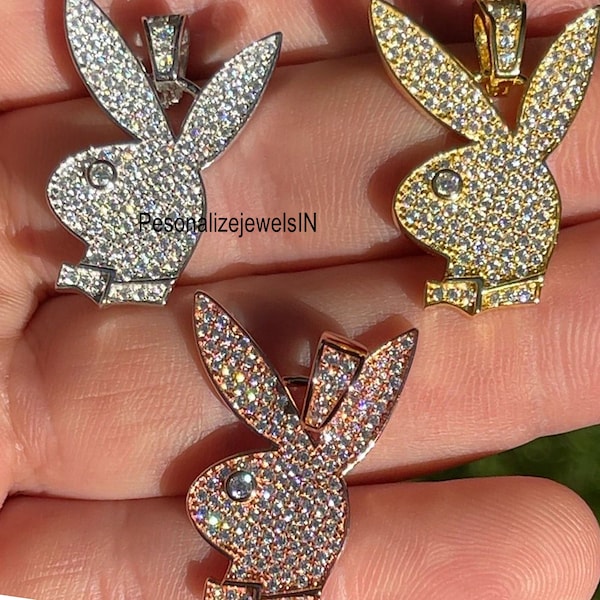 Moissanite Playboy Bunny Charm Iced Real, Solid 925 Sterling Silver Passes Diamond Tester, Moissanite Diamond UNISEX Pendant