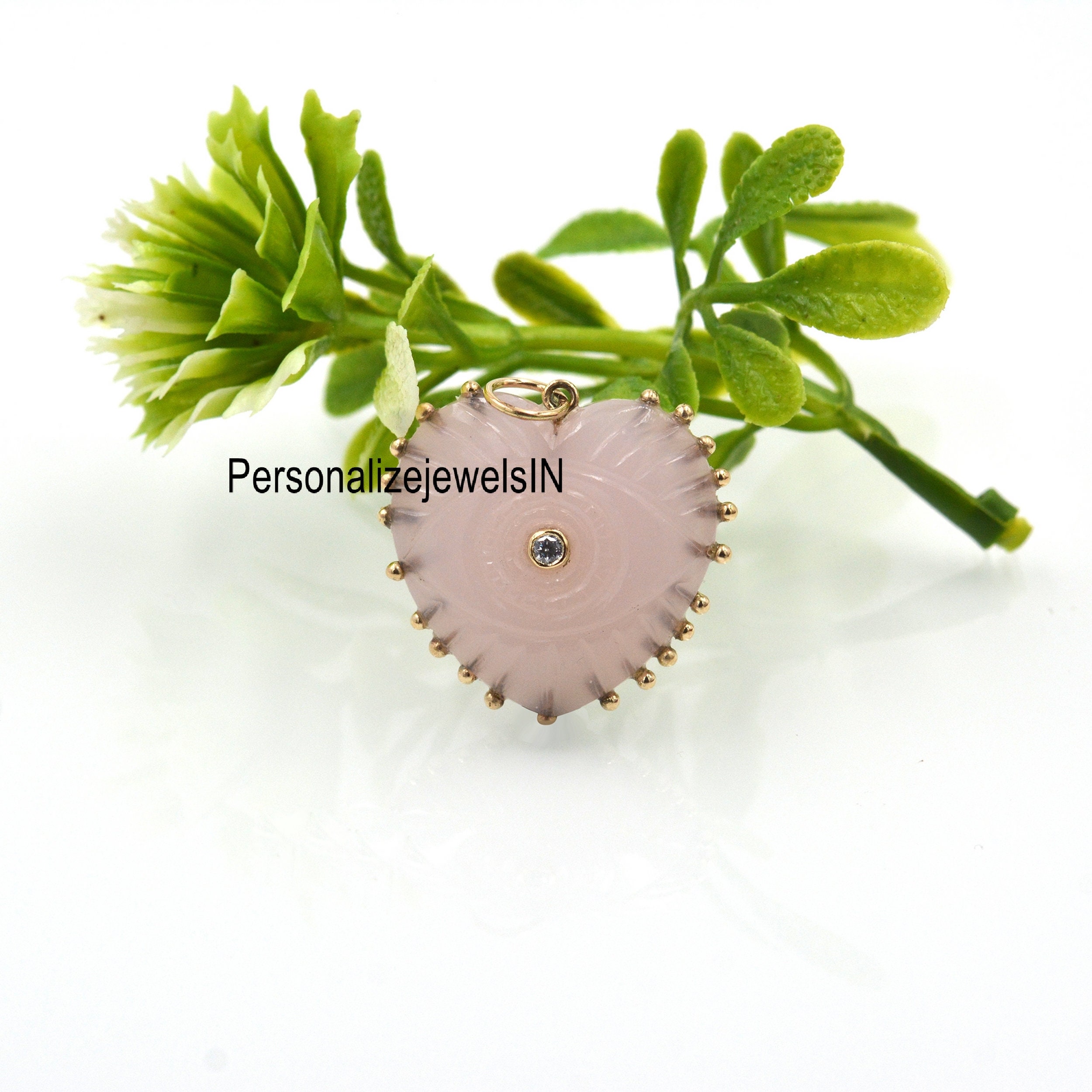 14K Solid Gold Rose Quartz Gemstone Heart Pendant Gold Etsy