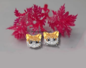 Cute Cat Cubic Zirconia Enamel Stud Earrings, Gold Plated Drop Earrings,925 Sterling Silver Cat Cubic Zirconia stud Earrings