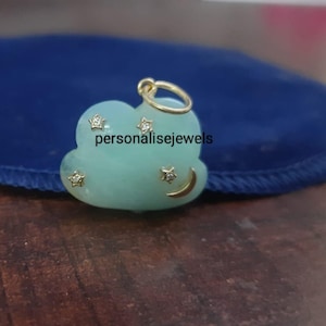 14K Gemstone Cloud Pendant, Designer Star Moon Cloud Pendant, Gold Rainy Opal Cloud Pendant, Turquoise Cloud Charm, Handmade Cloud Pendant