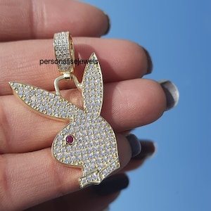 Moissanite Playboy Bunny Charm Iced Real, Solid 925 Sterling Silver Passes Diamond Tester, Moissanite Diamond UNISEX Pendant