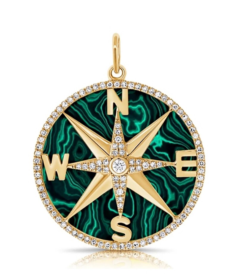 Compass Malachite Black Onyx Lapis Lazuli Diamond, Sterling Silver Charm Pendant, Gemstone