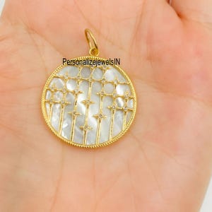 Designer Disc Silver Diamond MOP Charm, Beautiful Mother-Of-Pearl Diamond 925 Sterling Silver Charm, Handmade Pendant Jewelry
