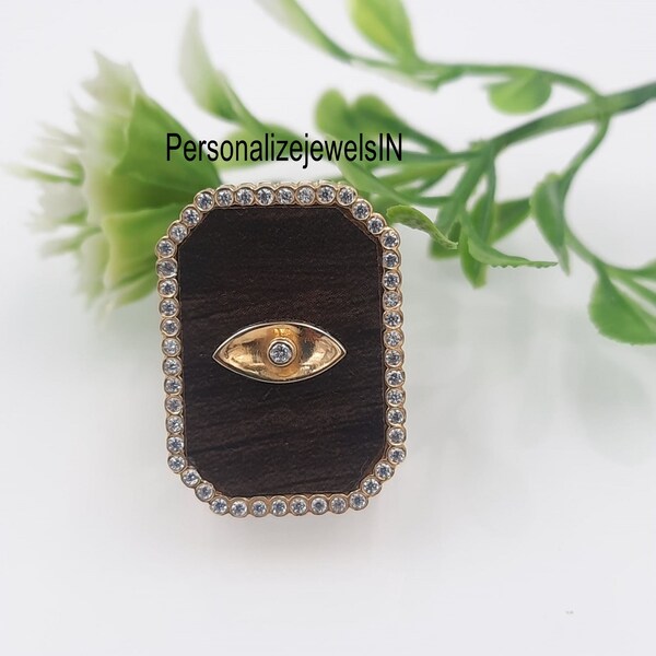 Eye Will Black CZ Medium Scapular Men Ring, Wedding CZ Ring, Square Ring, Yellow gold Eye ring, White CZ diamonds and Eye black Wood Ring