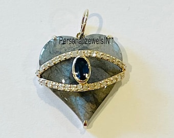 labradorite puffy heart Evil Eye Cz pendant, Hand Carved Heart Pendant, 14k Evil Eye Heart Pendant, Gold Rose Quartz Gemstone Heart Pendant