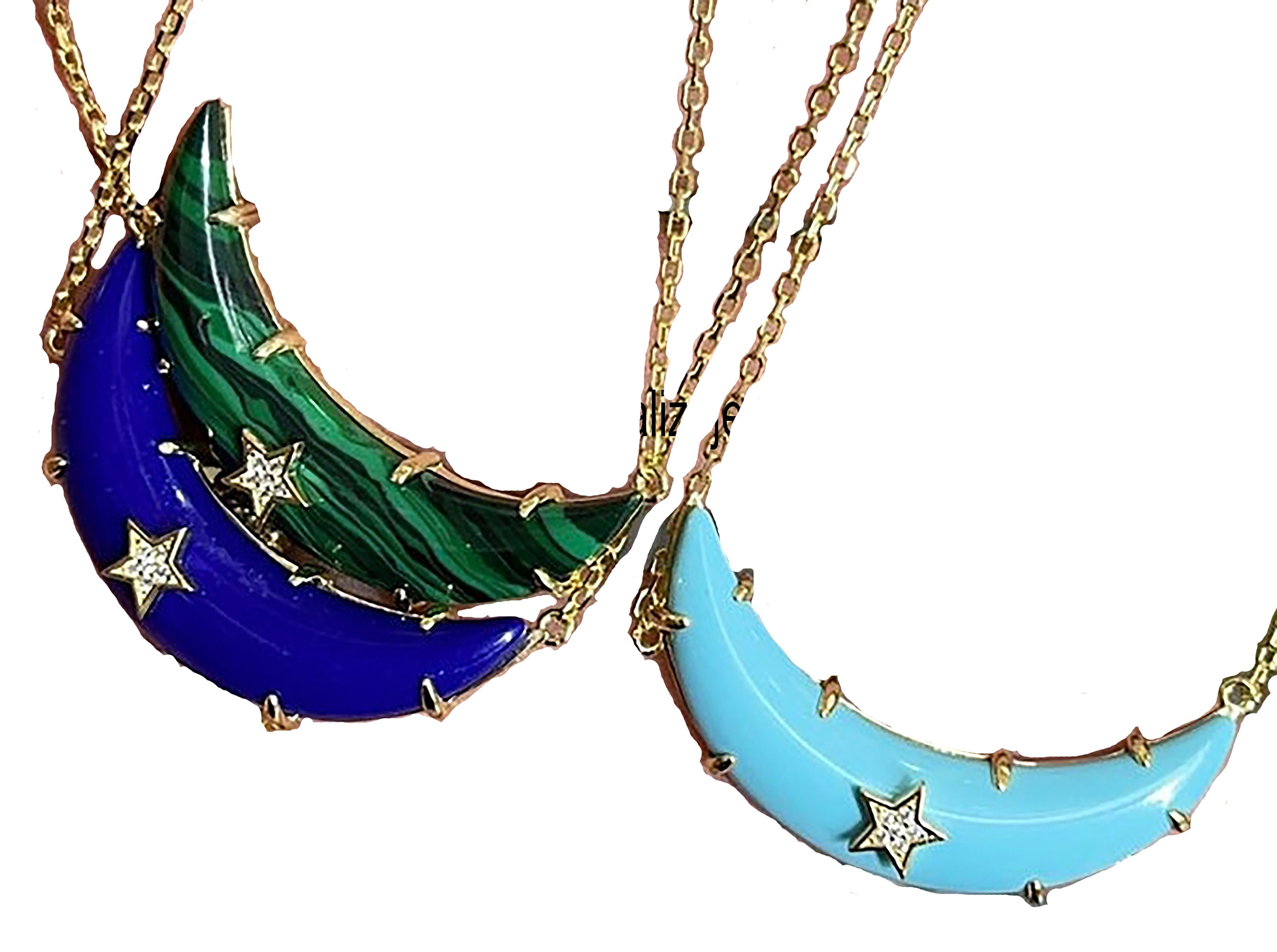 14K Yellow Gold Half Moon Pendant Necklace Turquoise Moon Etsy