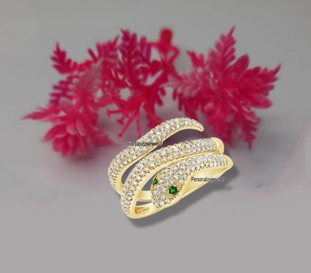 Gold Plated Snake Ring Green Eye Serpent Ring CZ Adjustable Etsy