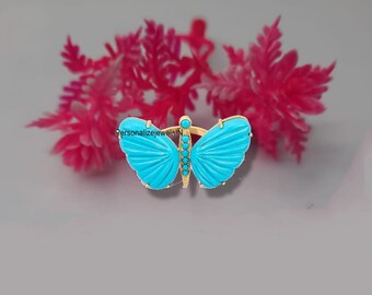 Turquoise Gemstone Butterfly Ring, Multi Color Solitaire Ring, Carved Turquoise Silver Ladies Ring Sterling Design, gifts for girls