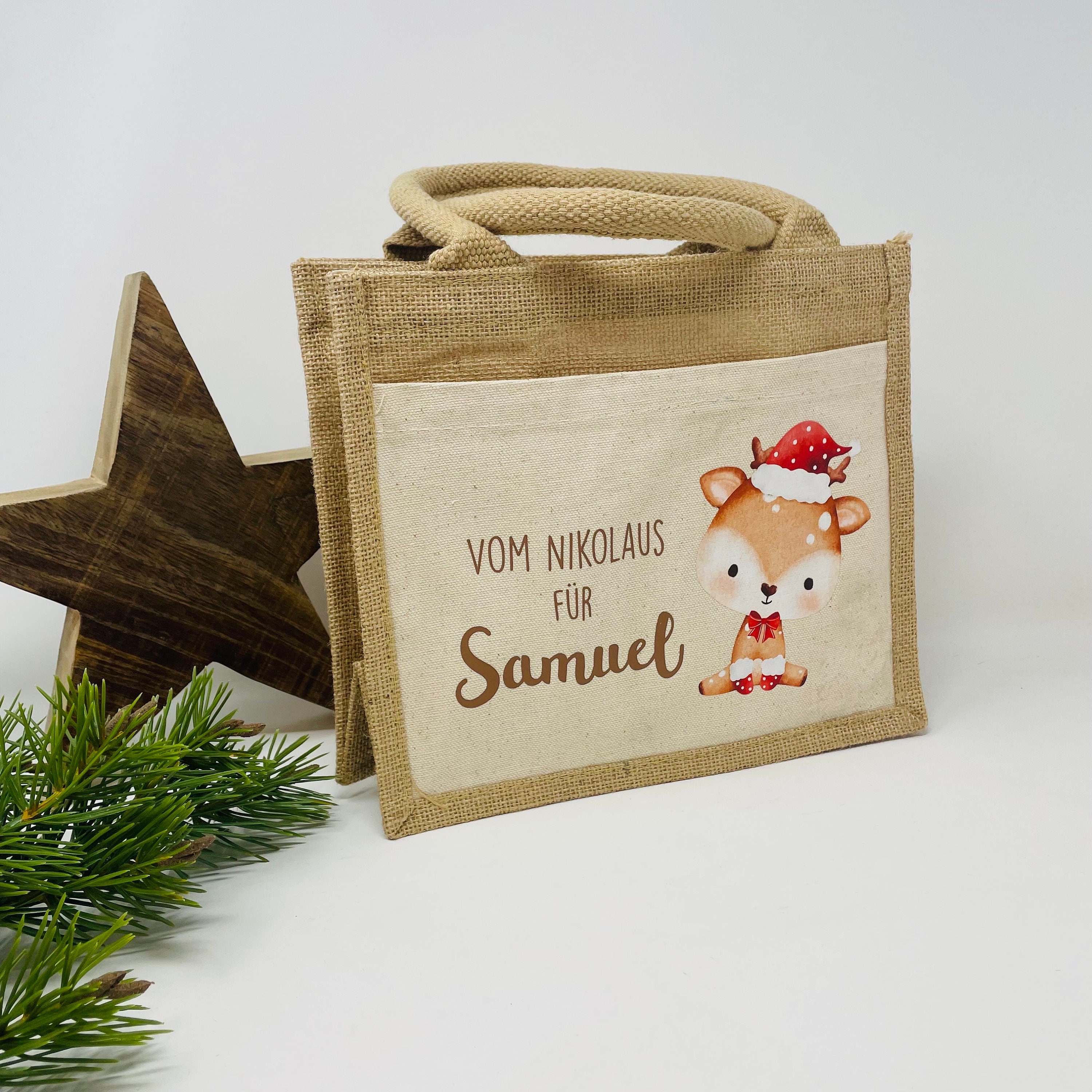 Personalisierte Nikolaus Tasche Aus Jute | Mit Namen Bedruckt | Rote Henkel | Ca. 26x22x14 Cm | Ideal Für Geschenke & Süßigkeiten