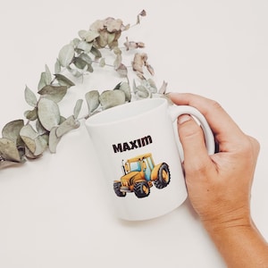 Mug for children with name and yellow tractor